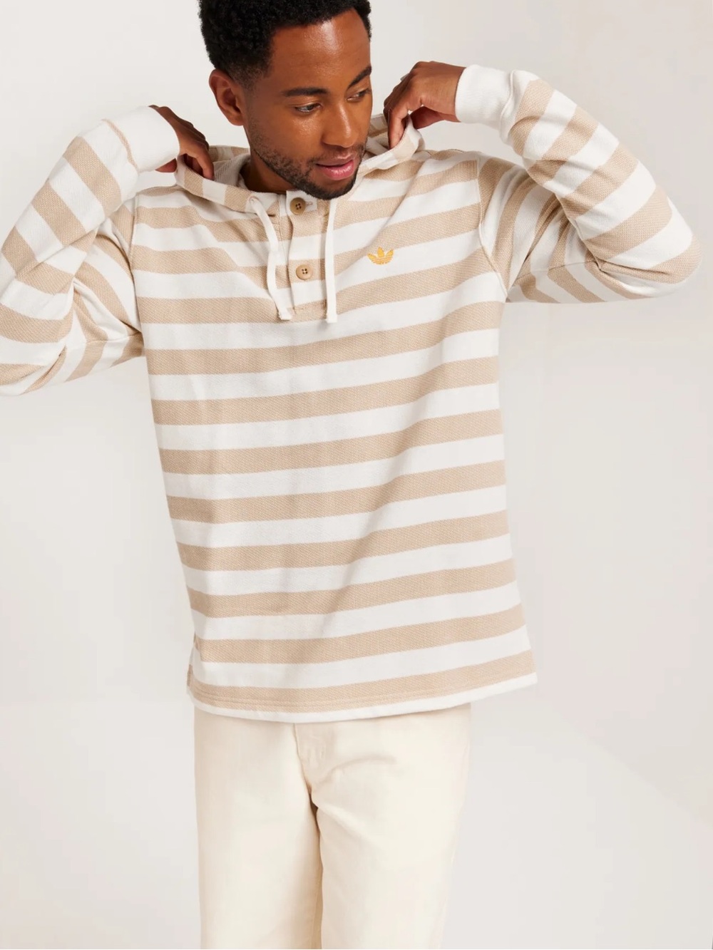 Adidas Tan & White Striped Henley Hoodie Pullover Sweatshirt Mens Knit Shirt